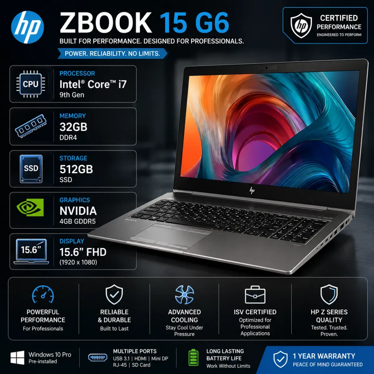 HP ZBook 15 G6 Core i7 9th RAM 32GB SSD 512GB NVIDIA 2000 4GB 15.6"