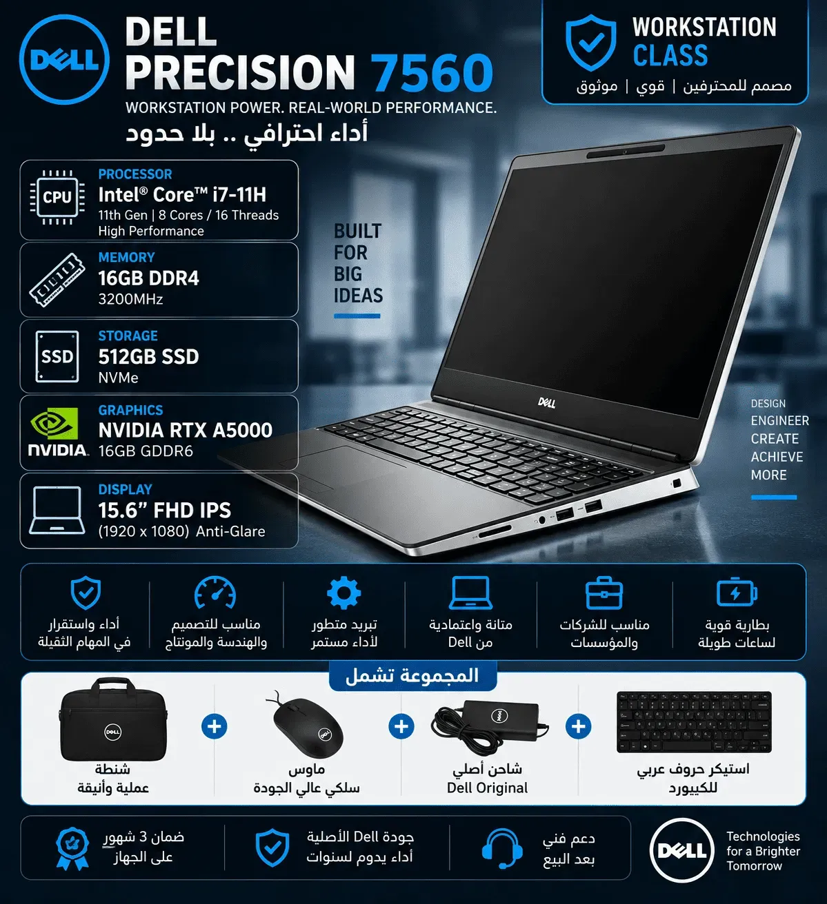 Dell Precision 7560 Core i7 11H RAM 16GB SSD 512GB RTX A5000 16GB 15.6" FHD IPS