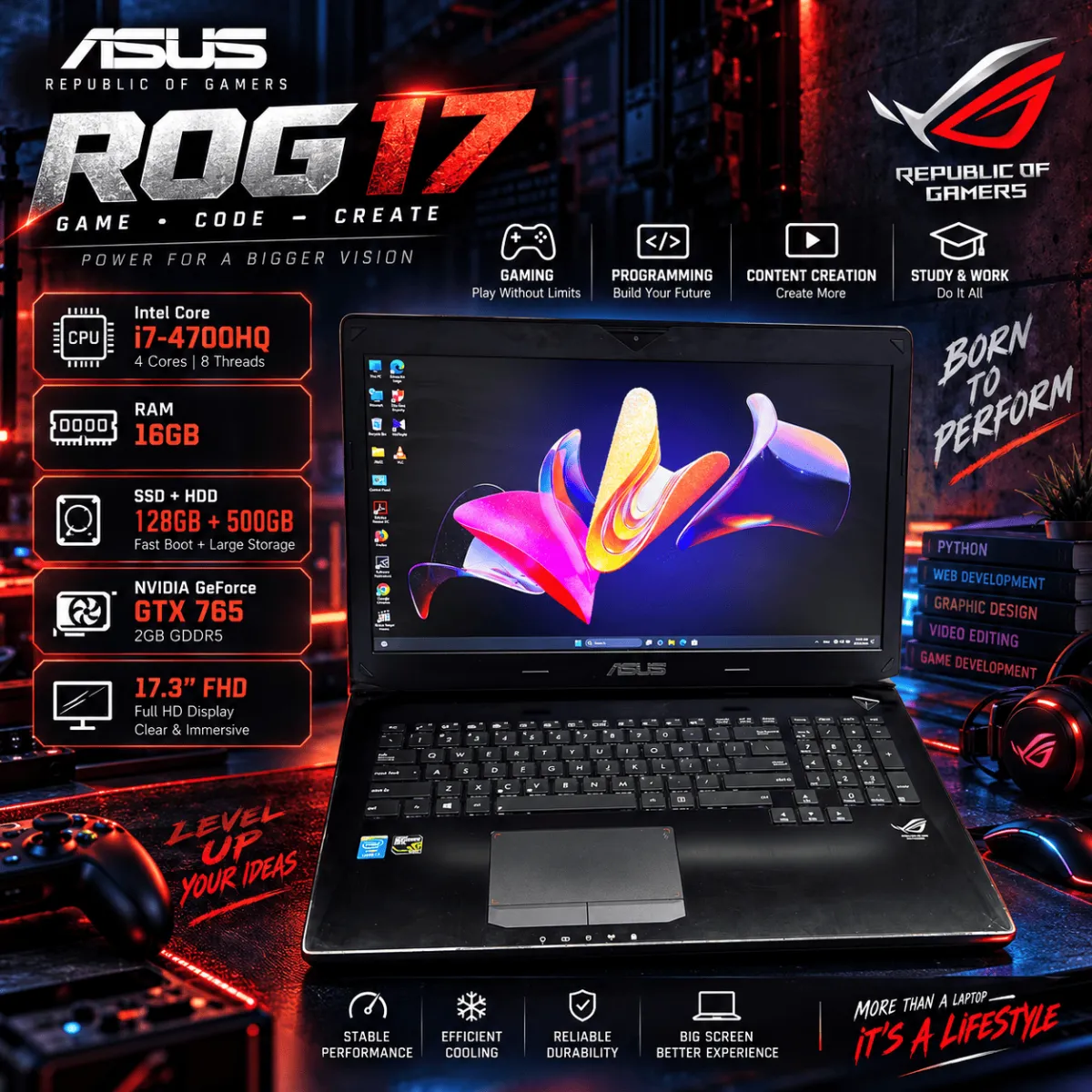 ASUS ROG 17 Core i7 4700HQ RAM 16GB SSD 128GB + HDD 500GB GTX 765 2GB 17.3" FHD